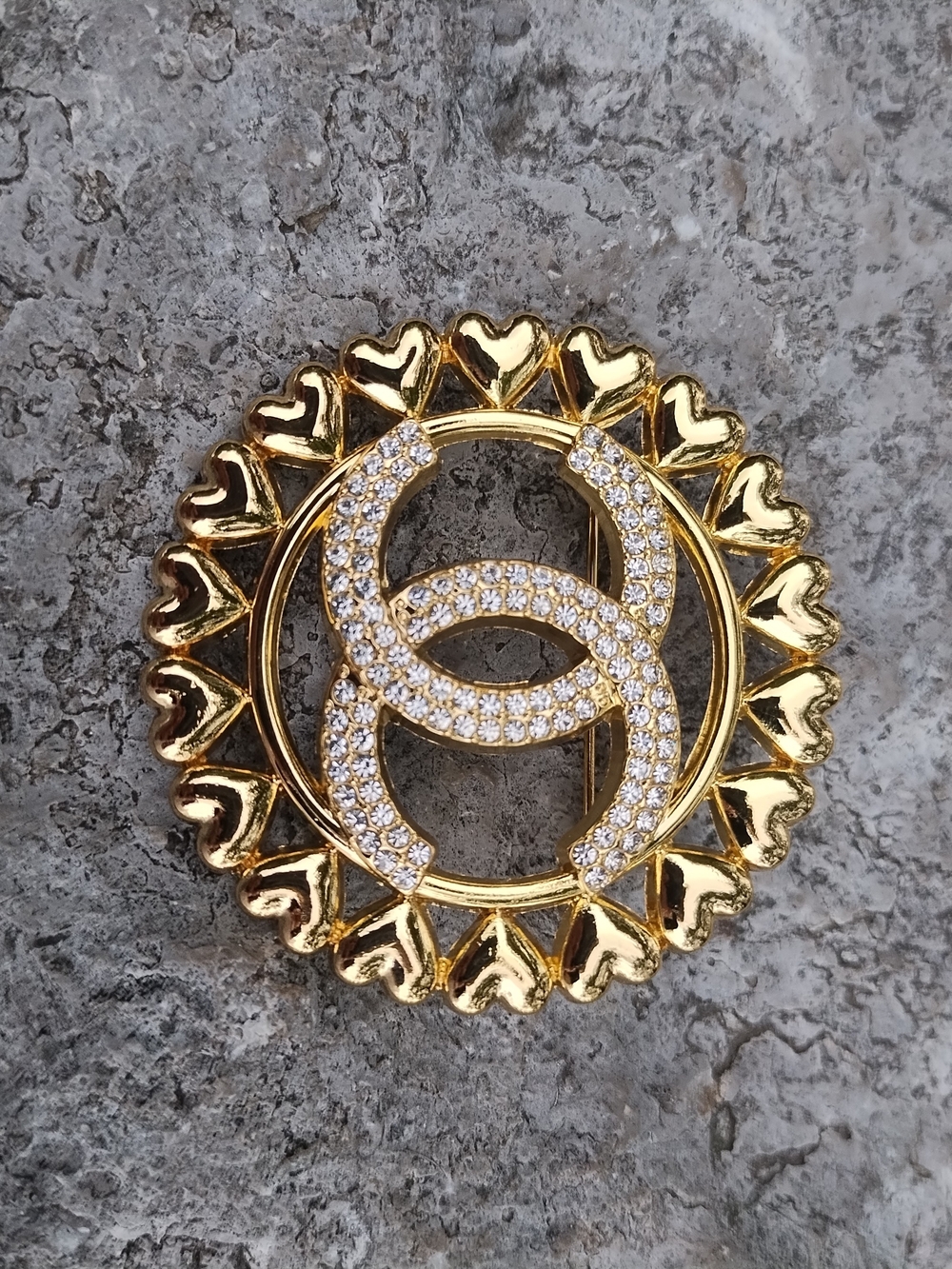 Gold Crystal Interlocking Circle Brooch with Heart Border